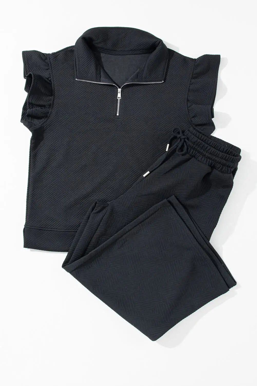 Black Textured Flutter Sleeve Top Wide Leg Pants Set - Love Salve